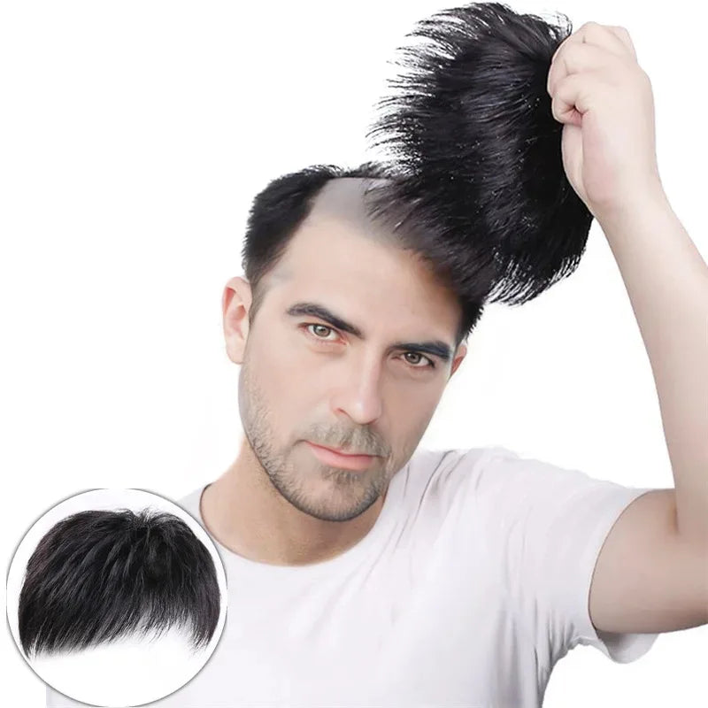 Synthetic wig for men with short hair, with a buzz cut style, on a bald head, with high-temperature hair extensions at the top.
