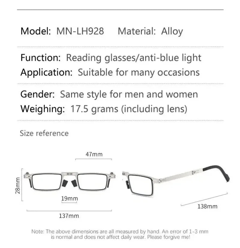 Unisex Folding Reading Glasses Transparent Lenses Full Metal Frame Anti Blue Light Comes with Case for Men and Women