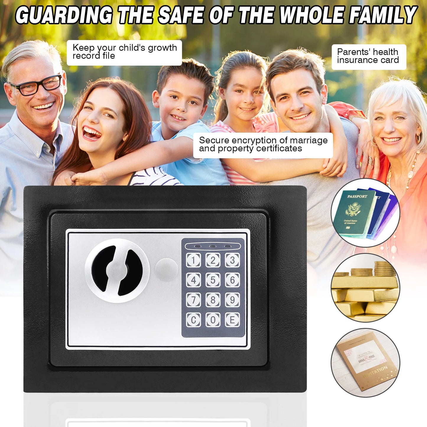 Fireproof Waterproof Home Safe 4.6L/8.5L/16LSafes Home Security Cash Box Cabinet Valuables Protection with Double Digital Keypad