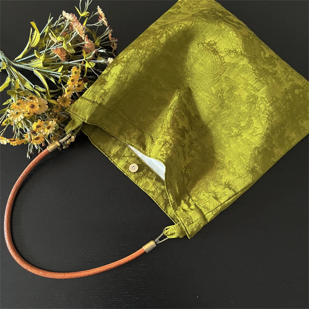 Women Handbag Totes Vintage Jacquard Silk Sati Linen Underarm Bag Portable Knot Wrist Bag Adjustable Pu Crossbody Travel Bag