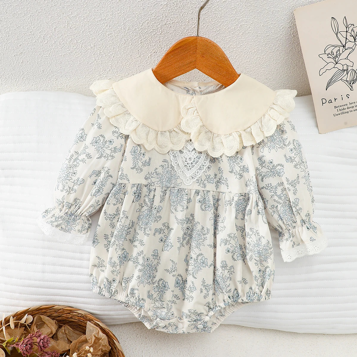 Baby Blue Floral Long-Sleeve Romper, Spring and Autumn Lace Collar Baby Jumpsuit, Fresh Forest Style Newborn Onesie