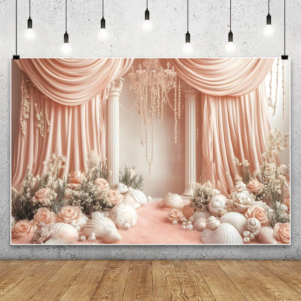 Pink Curtain Flowers Wedding Backdrop Baby Girl's Birthday Bar Mitzvah Portrait Photographic Background for Photo Studio Shoot