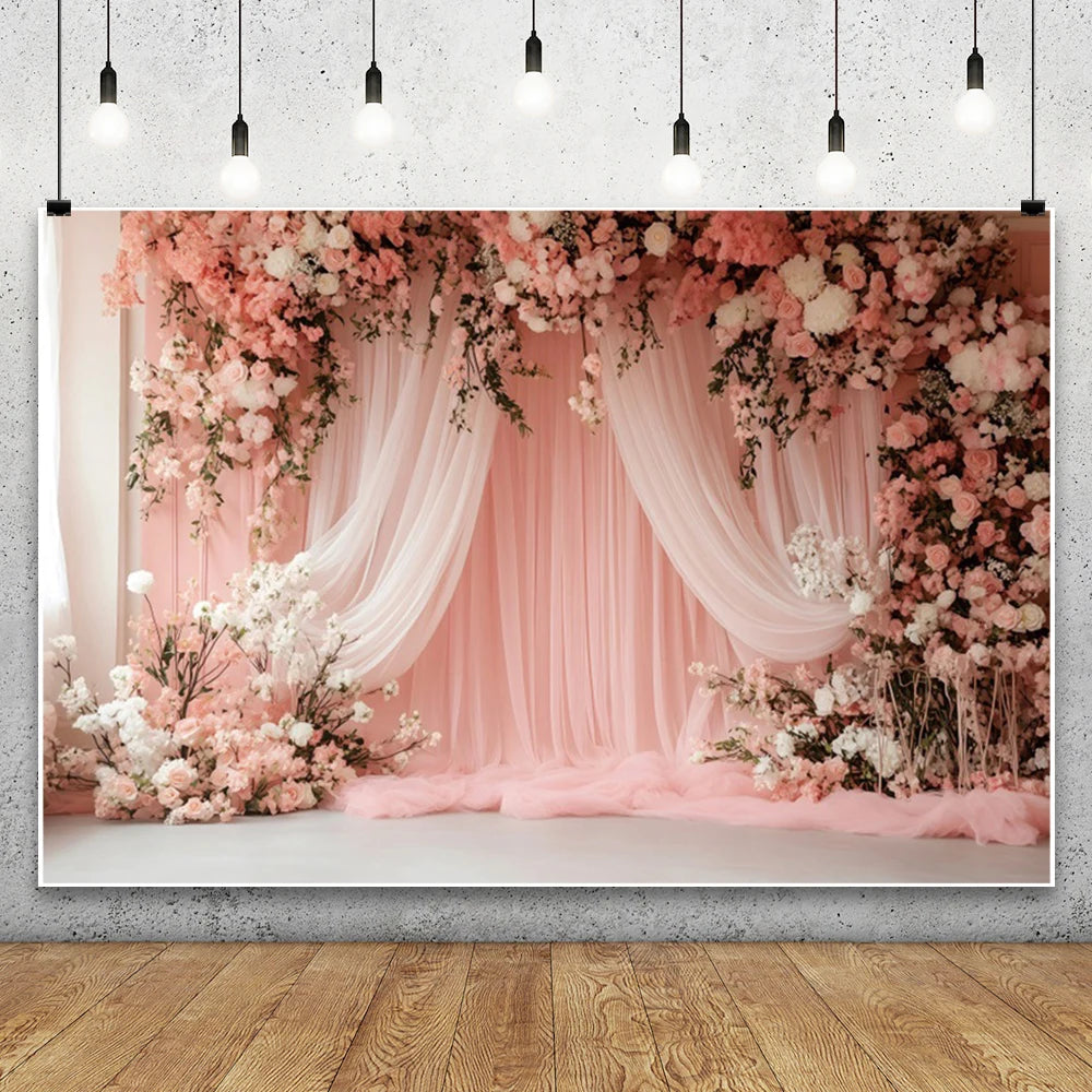 Pink Curtain Flowers Wedding Backdrop Baby Girl's Birthday Bar Mitzvah Portrait Photographic Background for Photo Studio Shoot