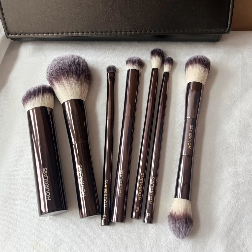 Hourglass Vegan Makeup Brush Set 7pcs High Quality Synthetic Hair Metal Handle Travel Cosmetic Brushes Kit with Pouch Box