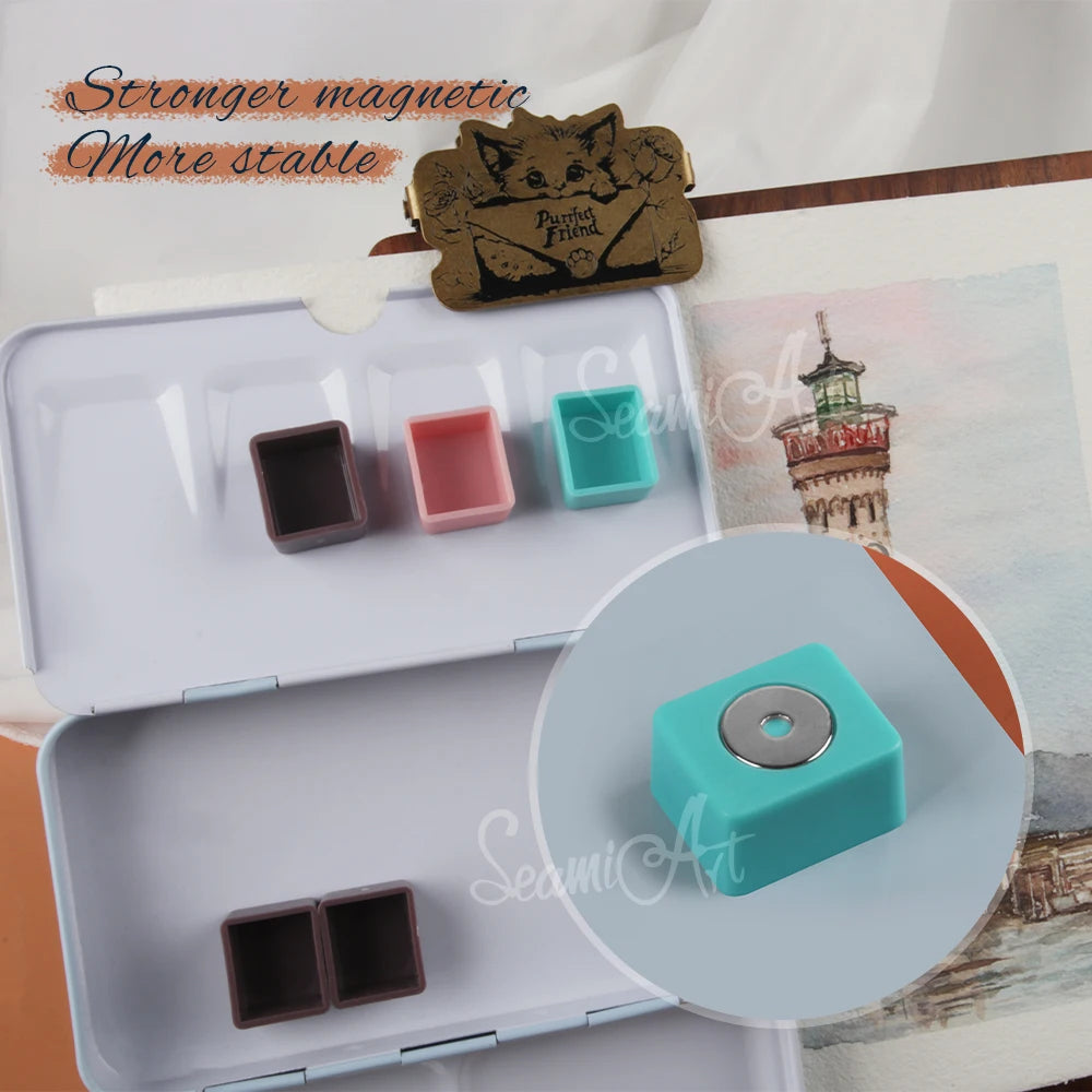 SeamiArt 50pcs Magnetic Half Pans Four colors for Watercolor Tube Subpackage Tin Box Palette Painting Tools Art Supplies