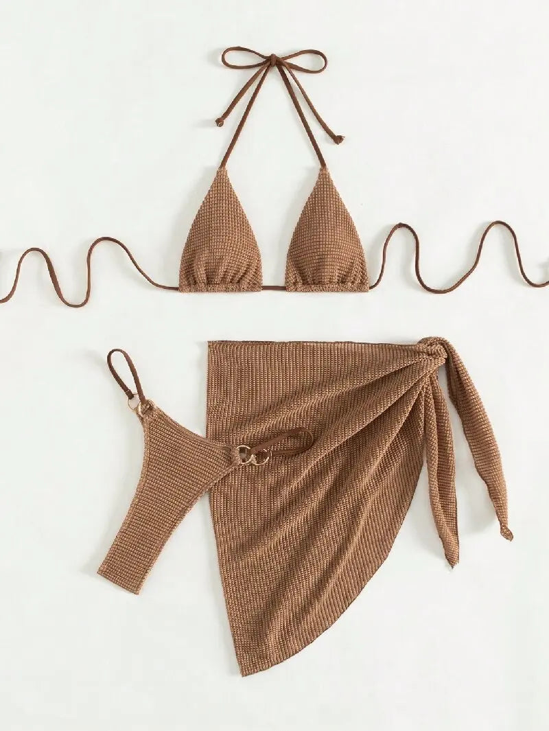 Sexy Brown Bikini Set 2026 Women Halter Push Up Bra Skirt 3 Piece Swimsuit Summer Bathing Suit Cover Up Thong Swimwear Biquini