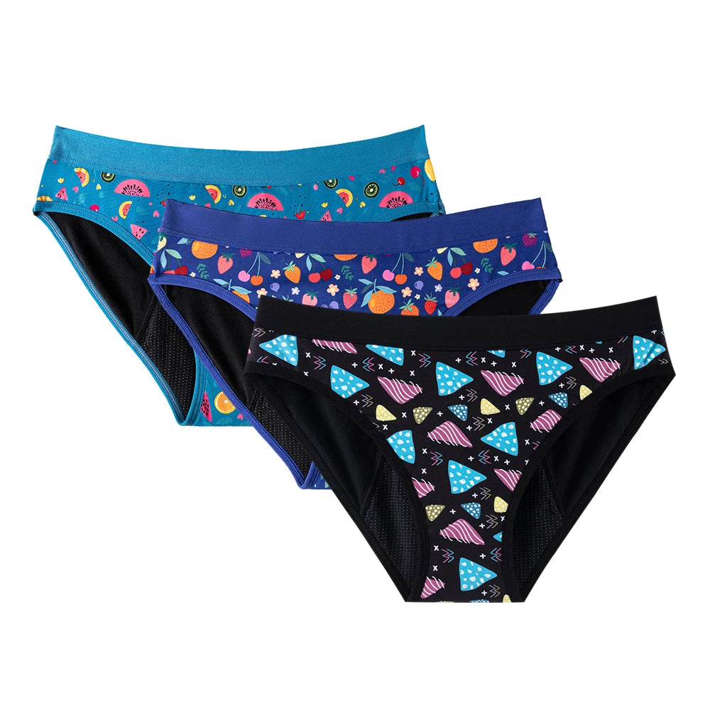3PCS/Lot Girls Cotton Menstrual Panties For Teenager Printing Fabric Underwear 4-Layers Medium Flow Absorption Panties for Girls