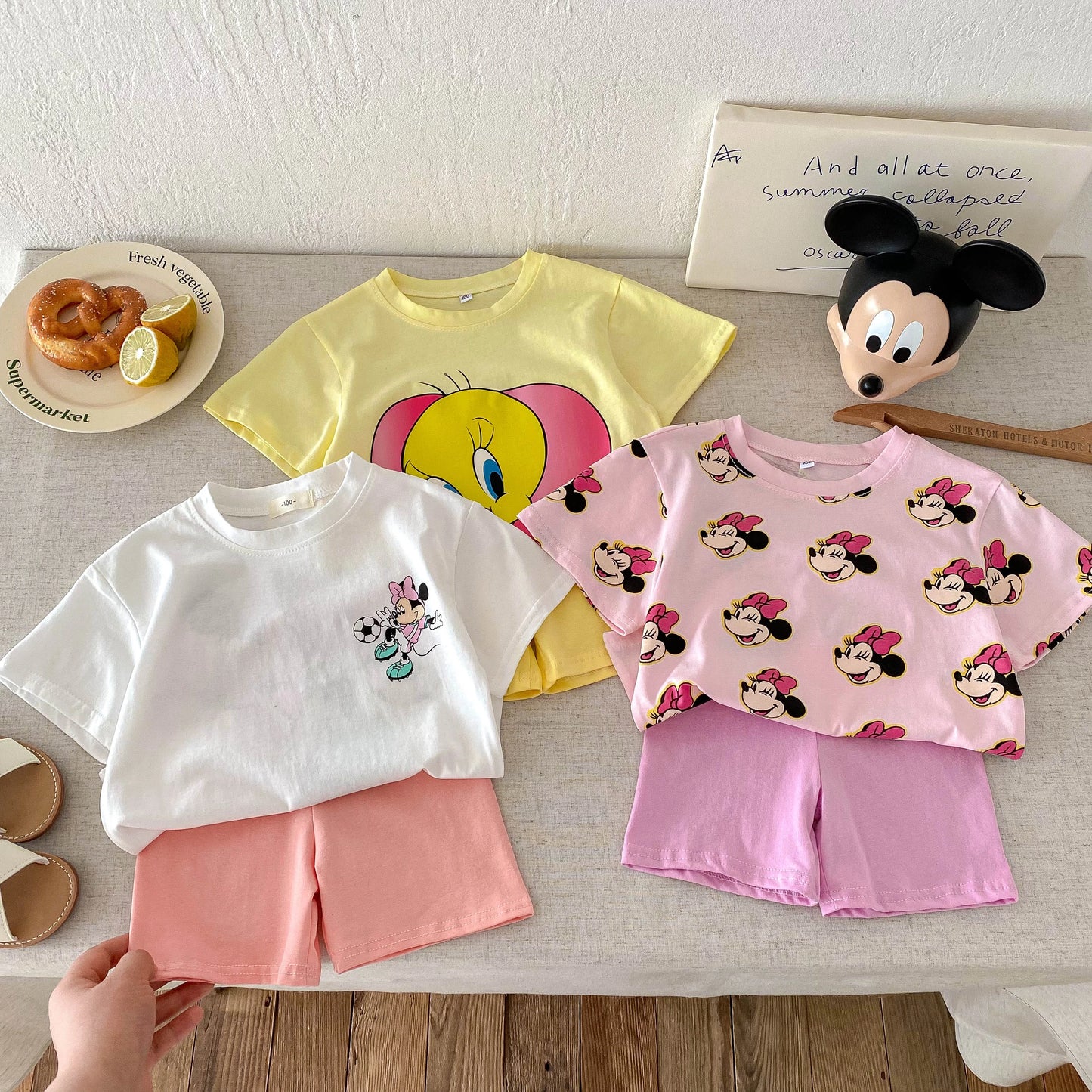 Kids Short Sleeve Shorts New Cartoon Print White Tshirt Tight Shorts 2025 Summer Girls Costume Outfits Child Thin Simple 2pcs