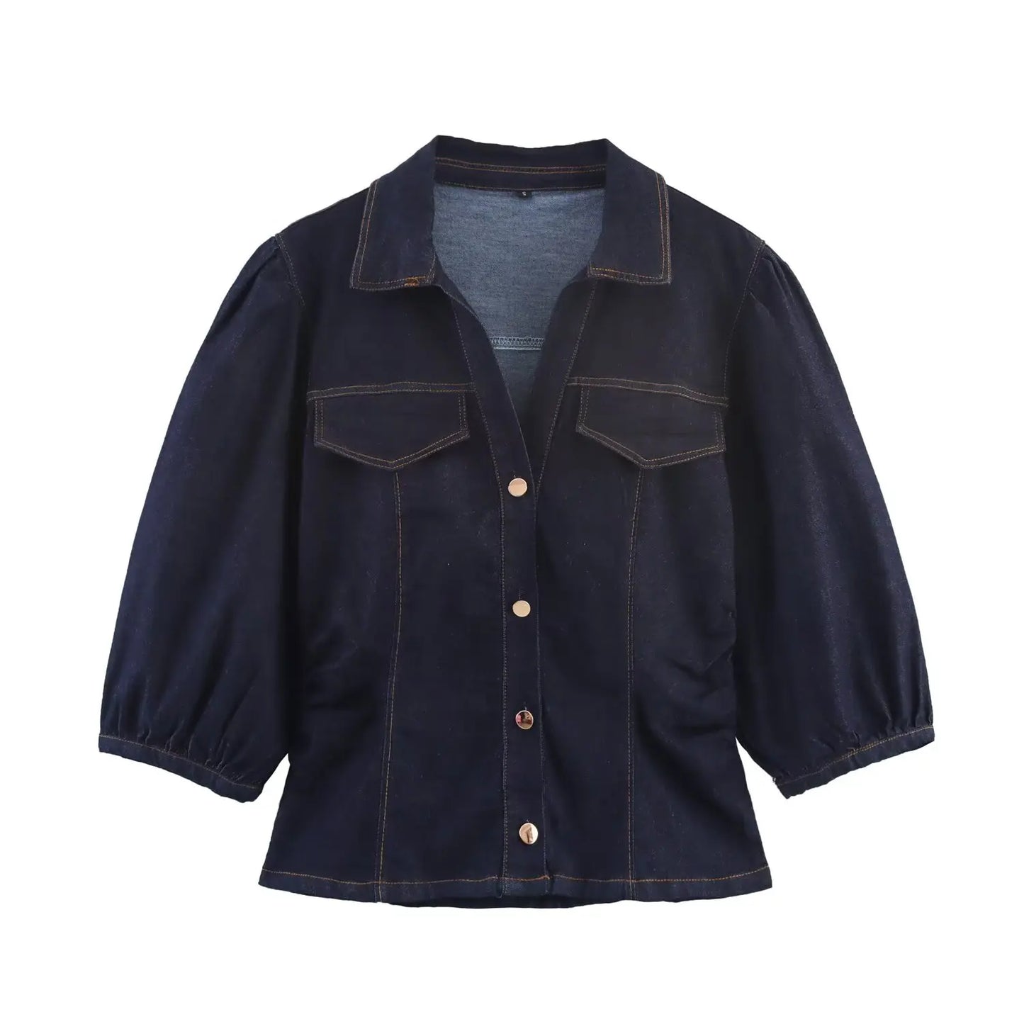 DiYiG  Women 2025 Autumn New Fashion Slim Fit Denim Bubble Sleeve Buckle Shirt Zipper Wide Leg Pants Blouses Mujer