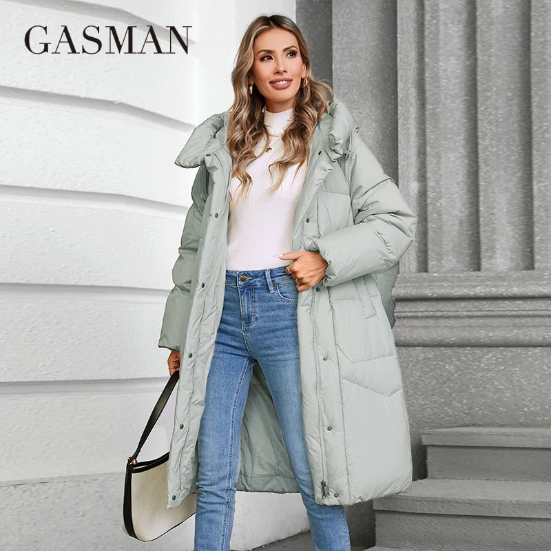 GASMAN 2024 Winter Down Jacket Women Long Classic zipper Design Pocket Stand Collar Hooded Slim Coat Women Parkas 88590