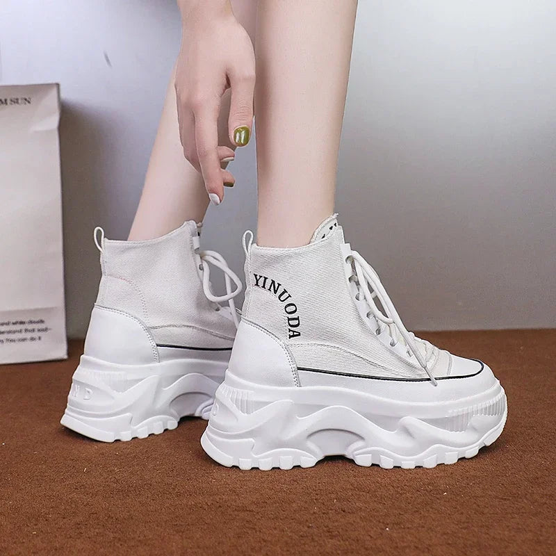 Women Sneakers High Top Platform Breathable Leather Shoes 2023 Autumn Ladies Wedges Casual Shoes For Woman Sports Dad Shoes 8CM