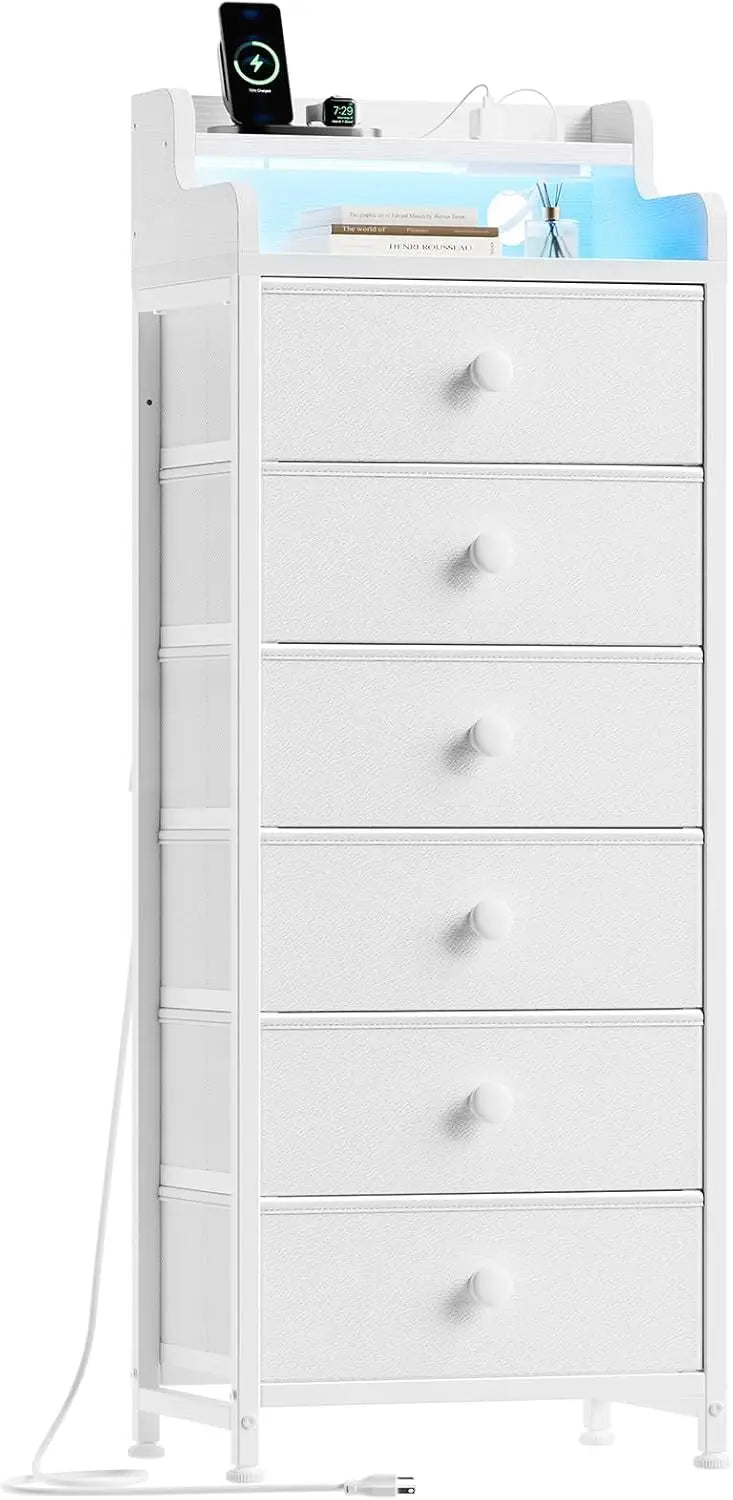 Dresser for Bedroom with Charging Station and LED Lights,6 Drawers Dresser White Chest of Drawers with Shelves, Tall Night Stand