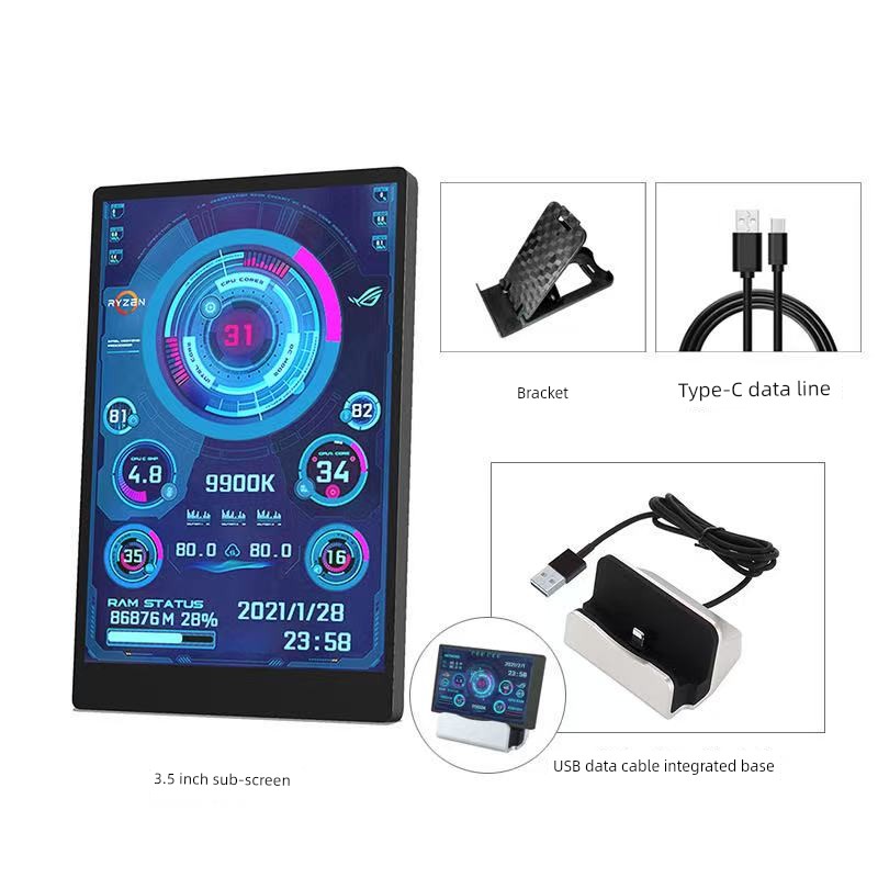Turing Zhixian 3.5-Inch Computer Chassis Sub-Screen IPs Full View USB-C Sub-Screen Computer Temperature Monitoring