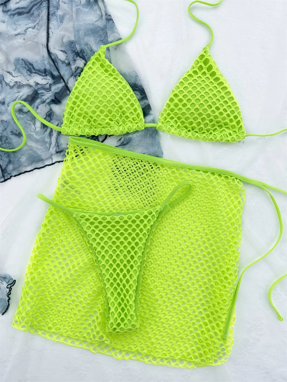 Sexy Mesh Bikini Thong Hollow Out Y2K Swimsuit Women Backless Cover Up Halter Swimwear 3 Piece Beach Outfit Bikinis Bathing Suit