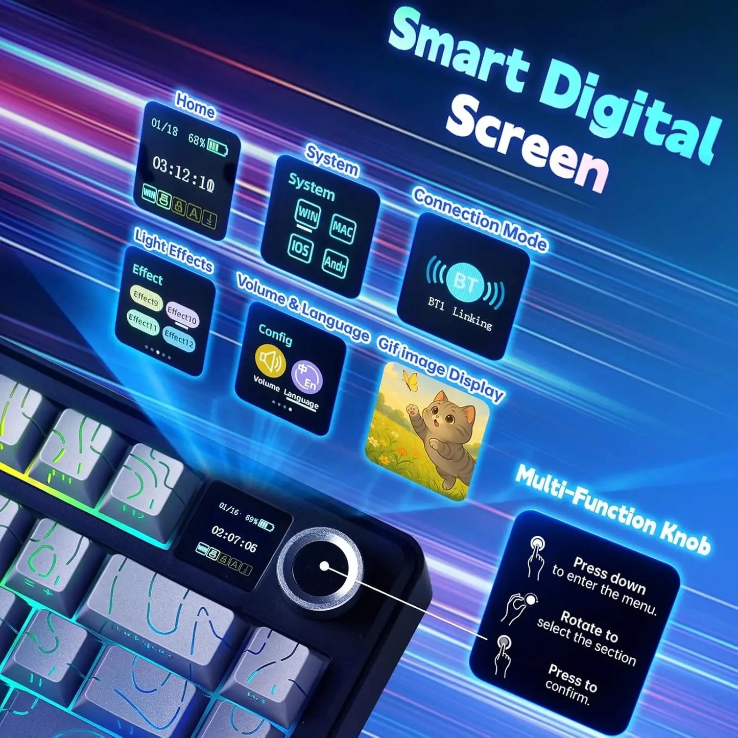 Aula F75 MAX Wireless Gaming Keyboard With Smart Digital Screen and Knob 75% Hot Swappable 3Mode RGB Backlit Mechanical Keyboard