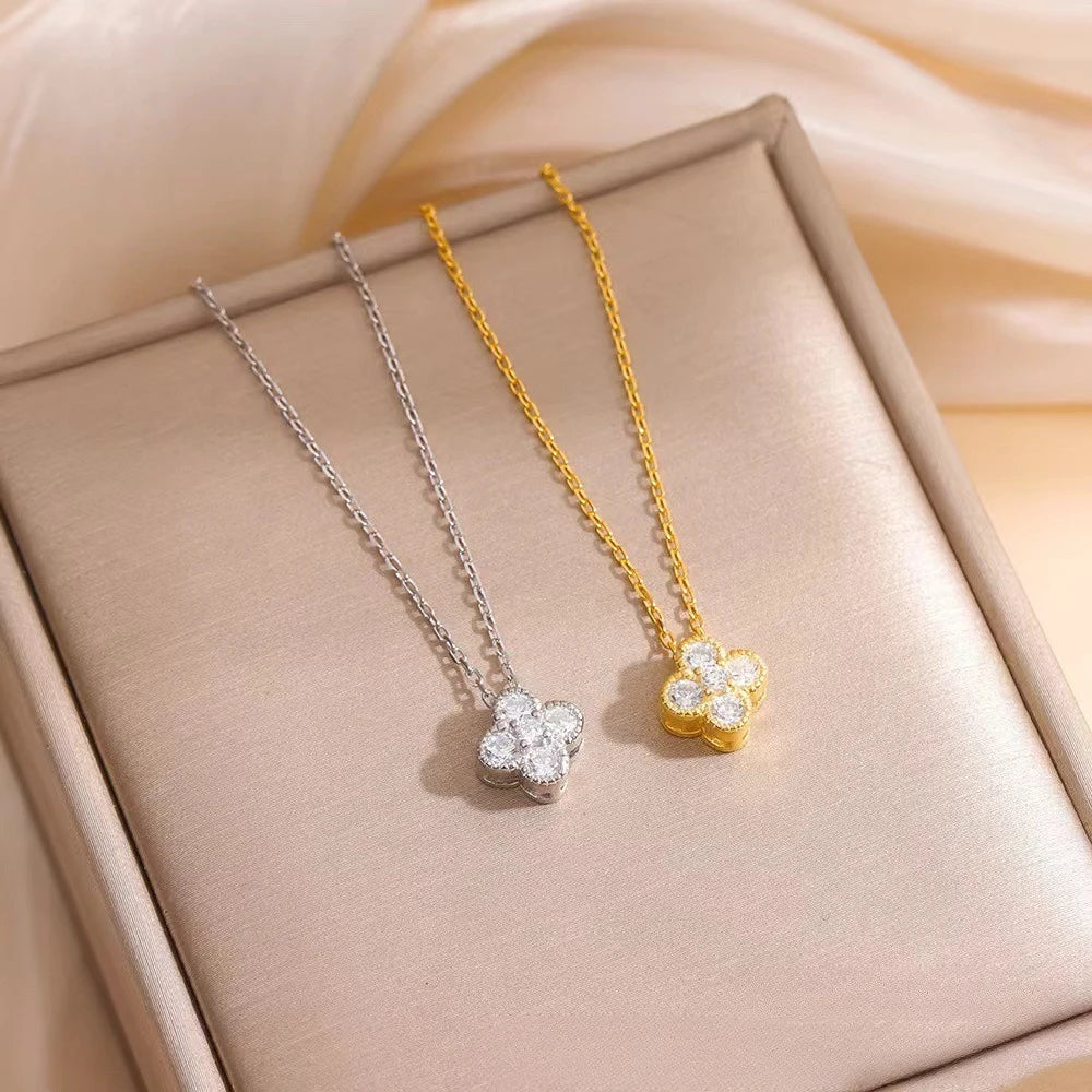 Monkton 100% s925 Sterling Silver Minimalist Four-leaf Clover Necklace Pendant Chain Delicate Women Valentiens Gifts