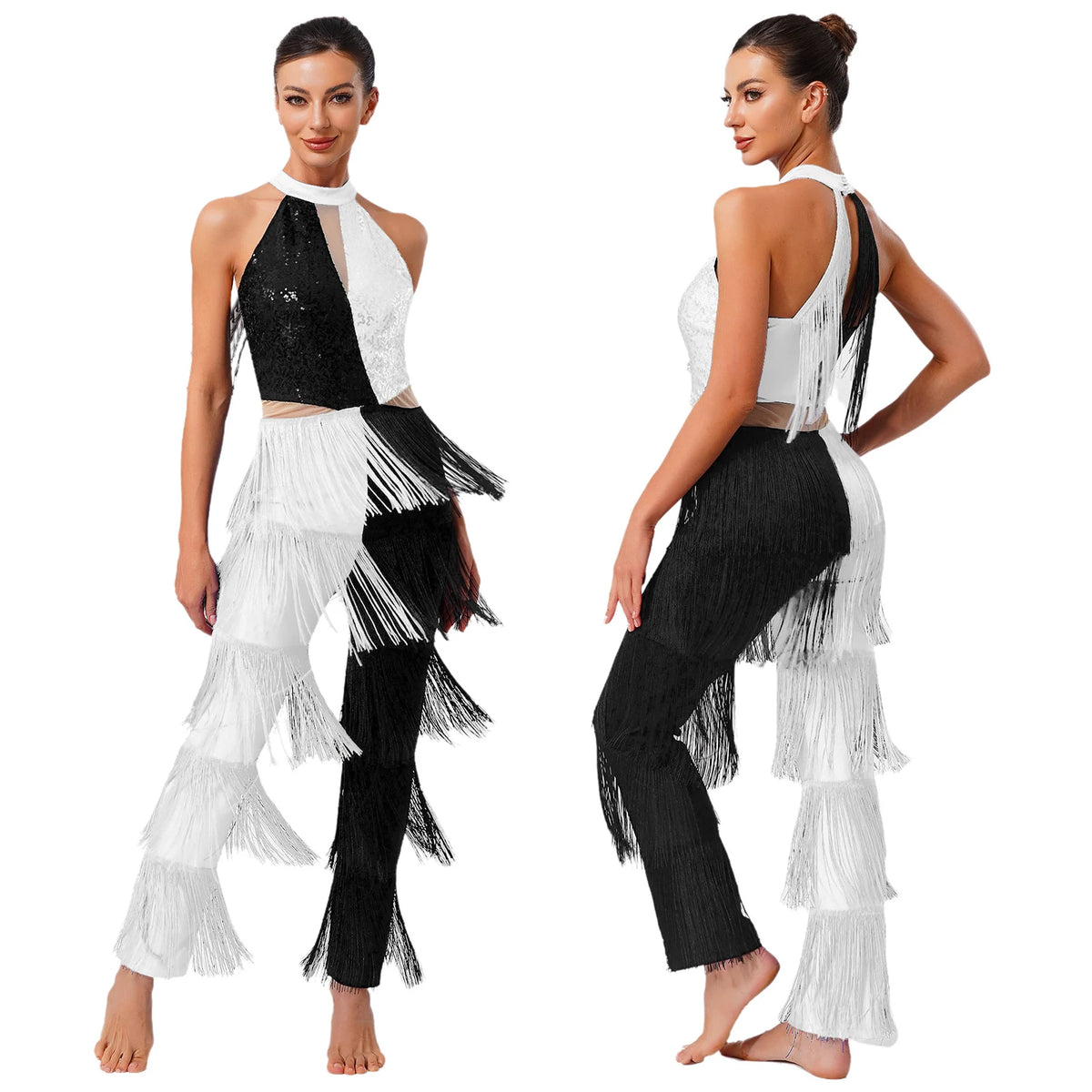 Halloween Hippie Costume womne Vintage 70s Disco Stage Performance Dancing Jumpsuit Singer Sequins Tassel Tango Cha-cha Costumes