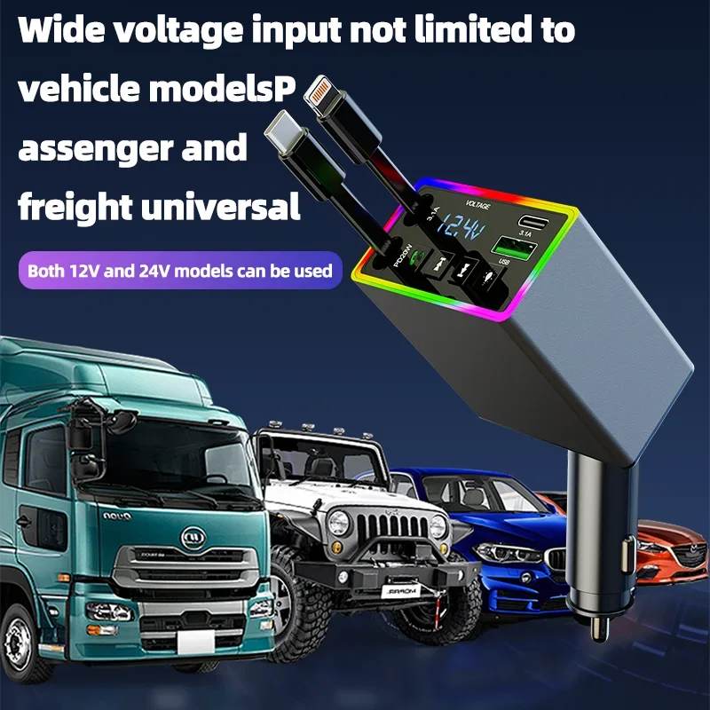 M38 FM Bluetooth MP3 Transmitter 4-in-1 120W Fast Charge Retractable Cable Car Charger with Colorful Light Built-in Media Player