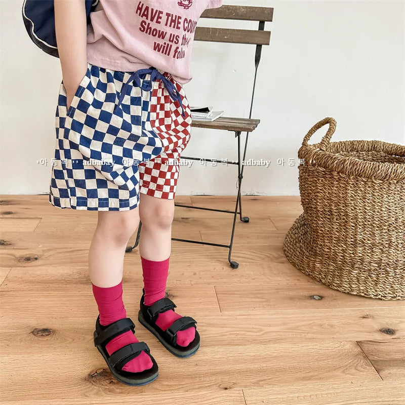 deer jonmi 2023 Summer Korean Style Children Plaid Patchwork Shorts Baby Boys Casual Chic Loose Shorts Kids Clothes