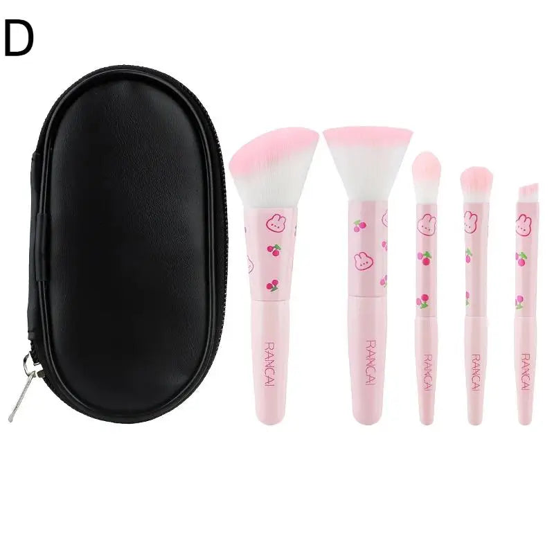 5pcs Cute Compact Makeup Brush Set With Case Premium Brush For Flawless Foundation Blush Eyeshadow Application Beauty Tools
