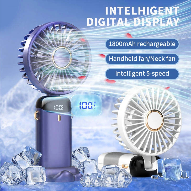 Portable Handheld Mini Fan Foldable Neck Hanging Fans 1800mAh 5 Speed USB Rechargeable Fan with Phone Stand and Display Screen