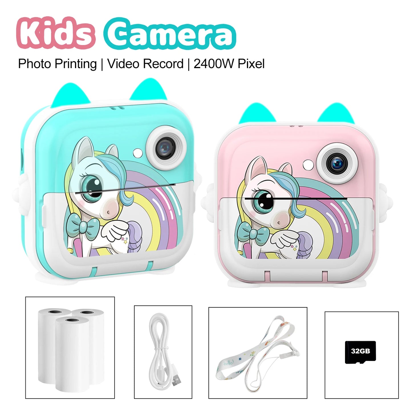Print Camera for Kids Bluetooth Wireless Inkless Instant Print Connected APP Take Photo Video Record Camera Boys Girls Gift Toys