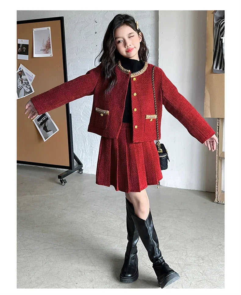 design winter teen girl clothes set beaded round neck jacket+Pleated skirt 2pcs Christma junior children outfit kids suit 4-14