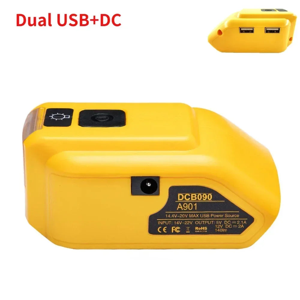 Replacement DCB090 Power Source For Dewalt 20V 18V Battery Adapter with Dual USB DC 12V LED Work Light Converter Power Supply