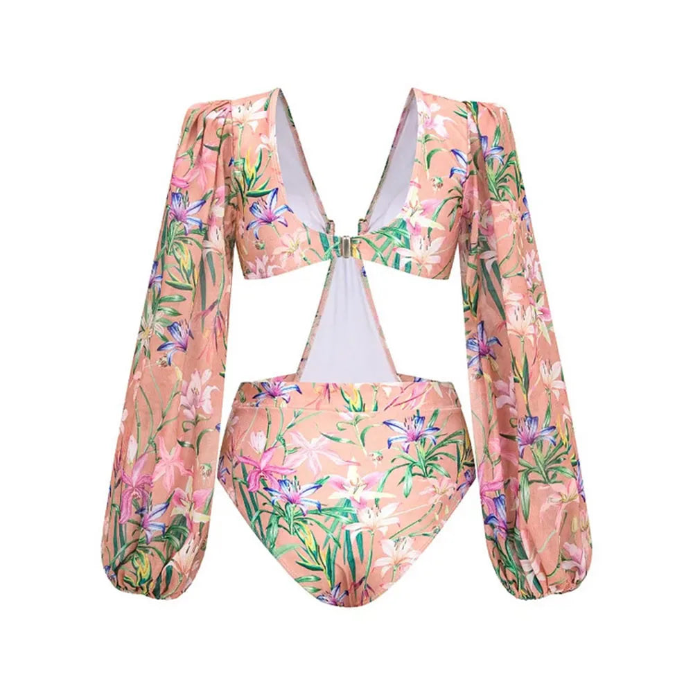 Women Swimwear Summer Floral Printed V-neck Swimsuit One-piece Bodysuit Bikini Set Beach Style Wear Maxi Dress Skirt Vacation