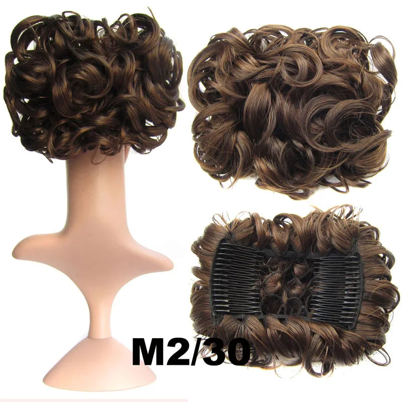 Synthetic Curly Messy Bun With Combs Scrunchie Chignon Dish Hair Bun Extension Clip in Hair Bun Hairpiece for Women Girls