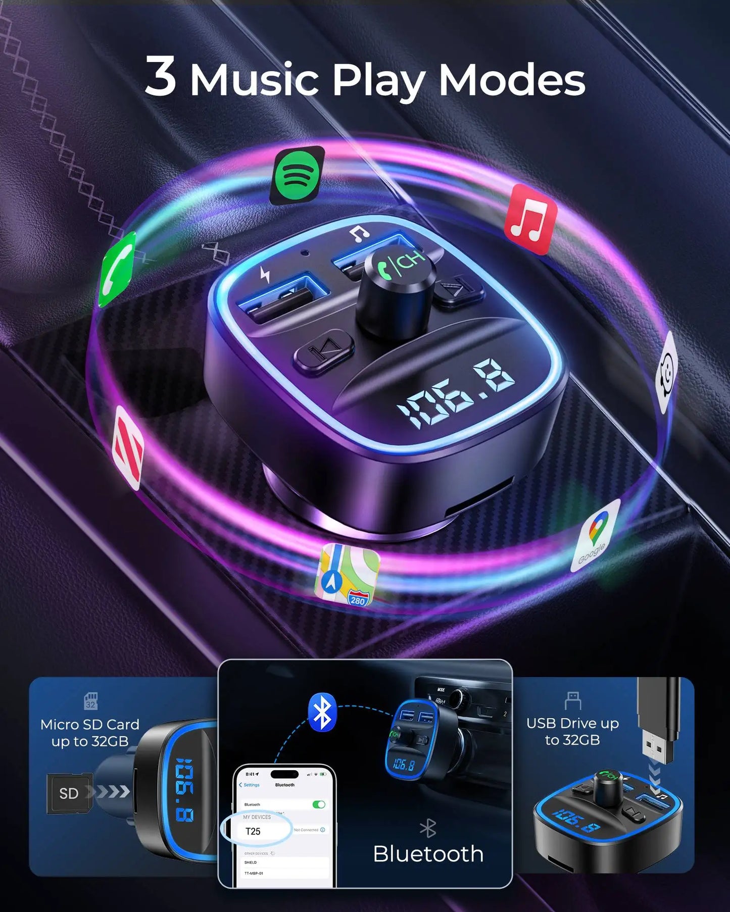 LENCENT Bluetooth 5.0FM Transmitter Wireless Radio Adapter Car Kit with Dual USB Charging Car Charger MP3 Player Support TF Card