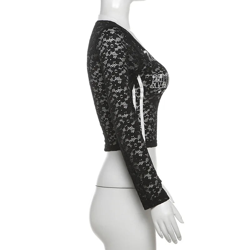 HLJ Y2K Sexy Lace Two Piece Set for Woman Letter Printing See Through Long Sleeve Crop Top + Shorts Suits Female Streetwear New