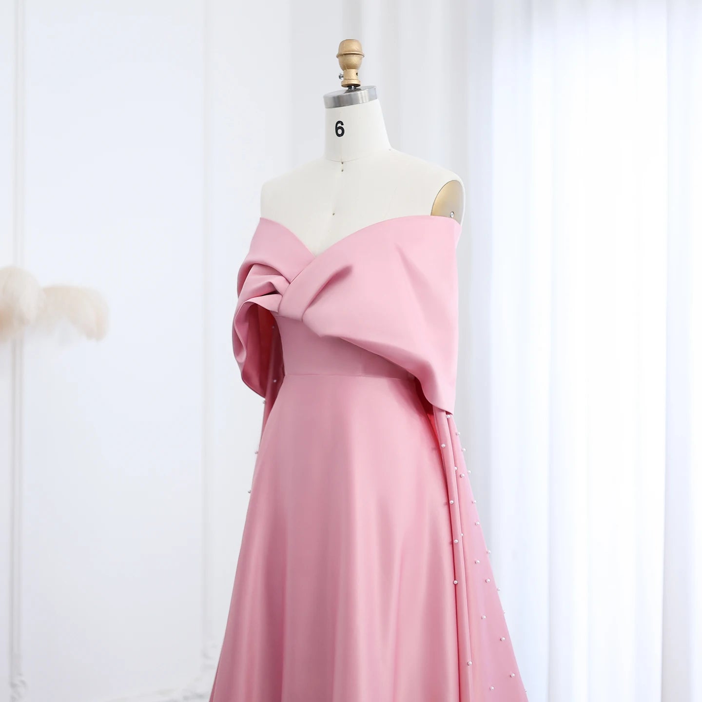Sharon Said Luxury Dubai Pink Satin Evening Dresses with Train Off Shoulder Arabic for Wedding Party Gowns SS481 Customized