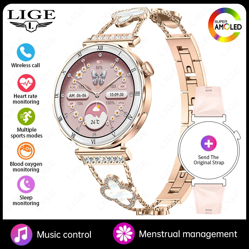 LIGE 1.19"Ultra-Slim AMOLED HD Display Fitness Tracker Smartwatch Bluetooth Call Heart Rate Monitor Waterproof Smart Watch Women