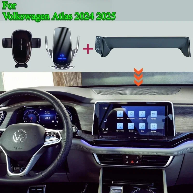 Car Phone Holder Screen Mount For Volkswagen Atlas 2024 2025 Wireless Charging Stand Navigation Bracket Glasses Storage Box