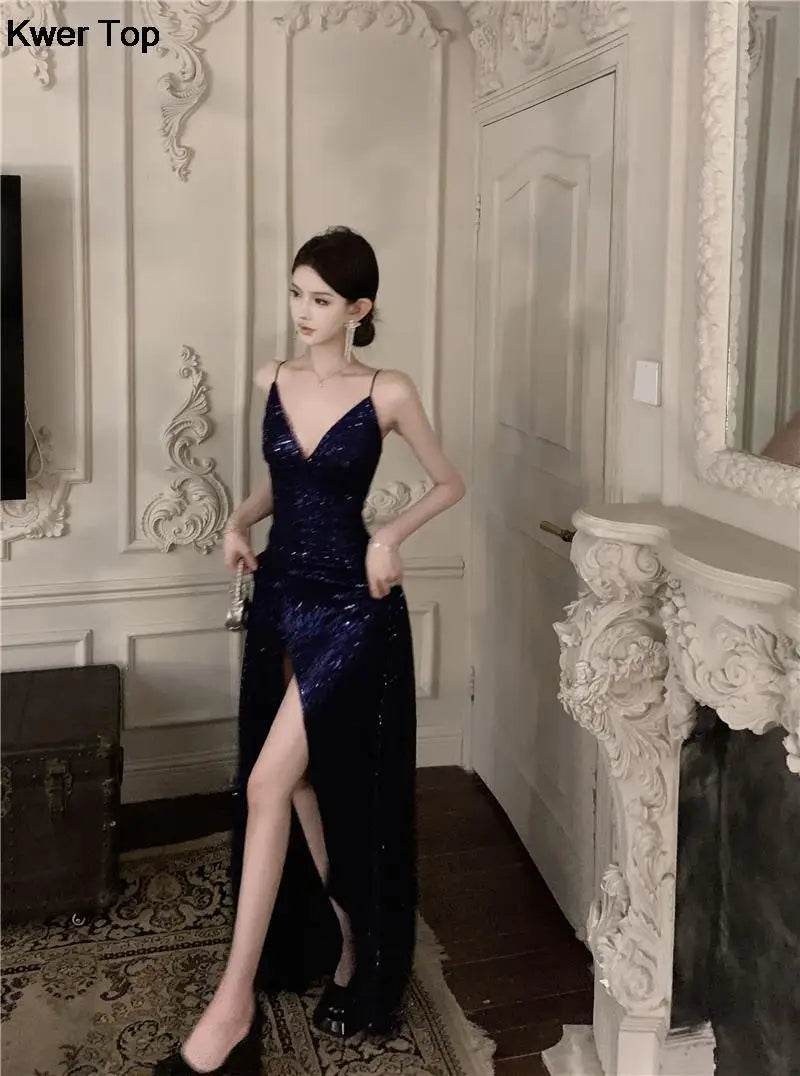 Women's Elegant V-neck Sequin Graduation Dresses Sexy Backless Split Bandage Runway Robe Summer Luxury Formal Occasion Clothes