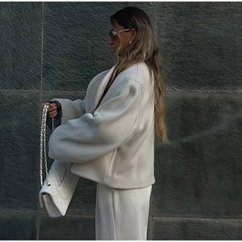 Women's Fashion Solid Thicken Cropped Jacket Top Long Sleeve Warm Autumn Winter Cardigan Female Casual Loose Woolen Streetwear