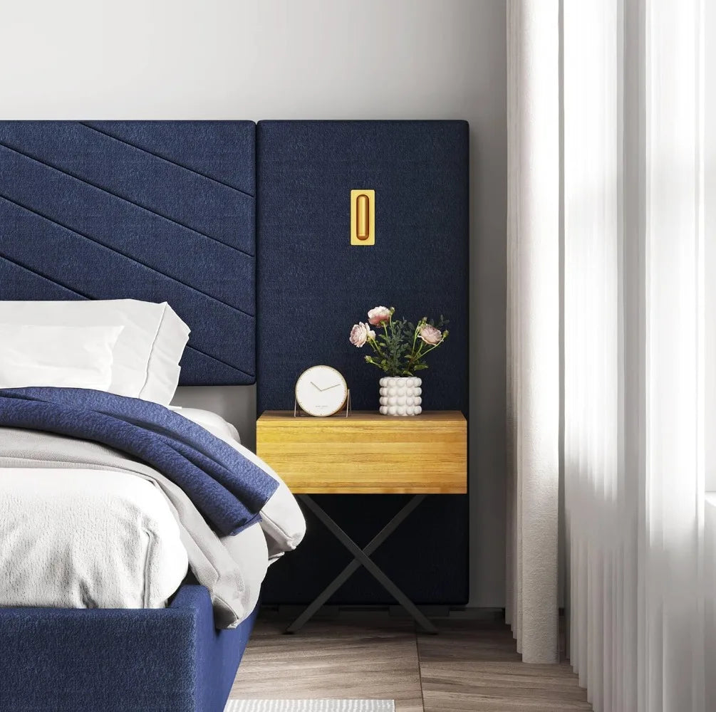 Luxury Bed Frame with Built-in Gold LED Lights and Nightstands, King Size Platform Bed with Oversize Upholstered Headboard,