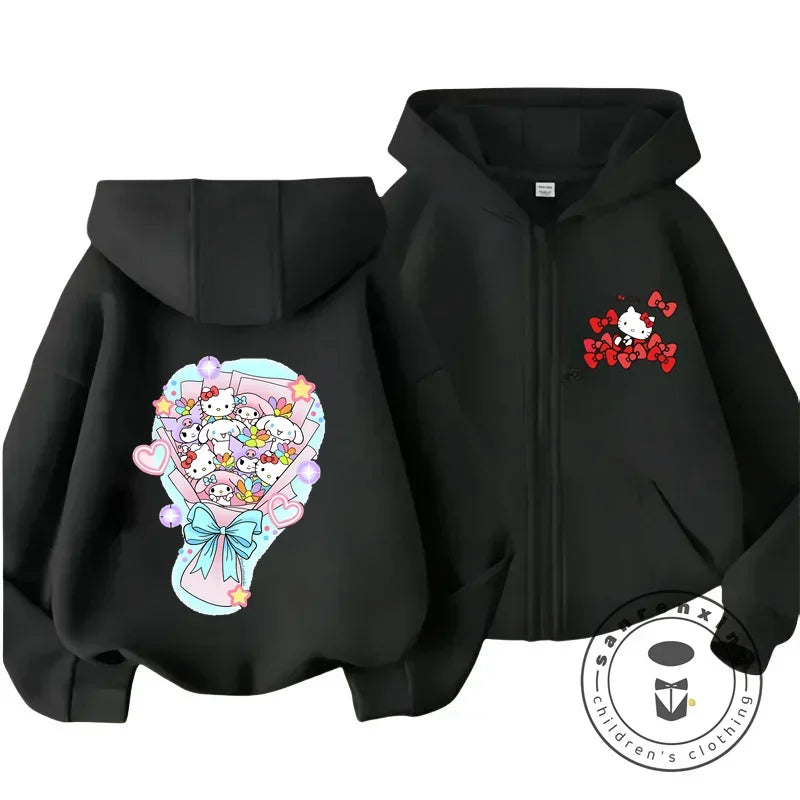 Boys Girls Hello Kitty Hoodies Long Sleeves Cartoon Sweatshirt Baby Children Clothing Autumn Zipper Cardigan Kids Street Wear