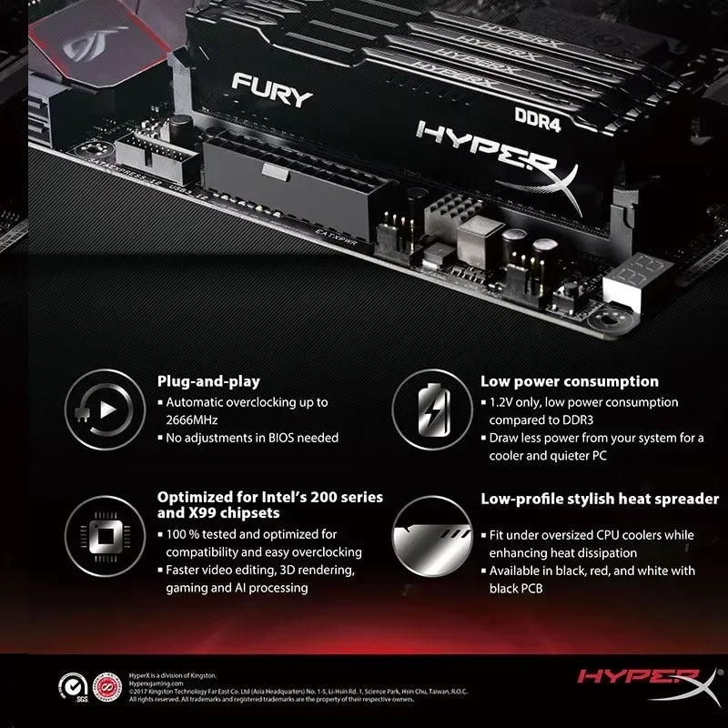 HyperX Fury DDR4 Ram 8GB 16GB 32GB 3600MHz 3200MHz 2666MHz 2400MHz 2133MHz DRAM DIMM 288Pin For Desktop Computer