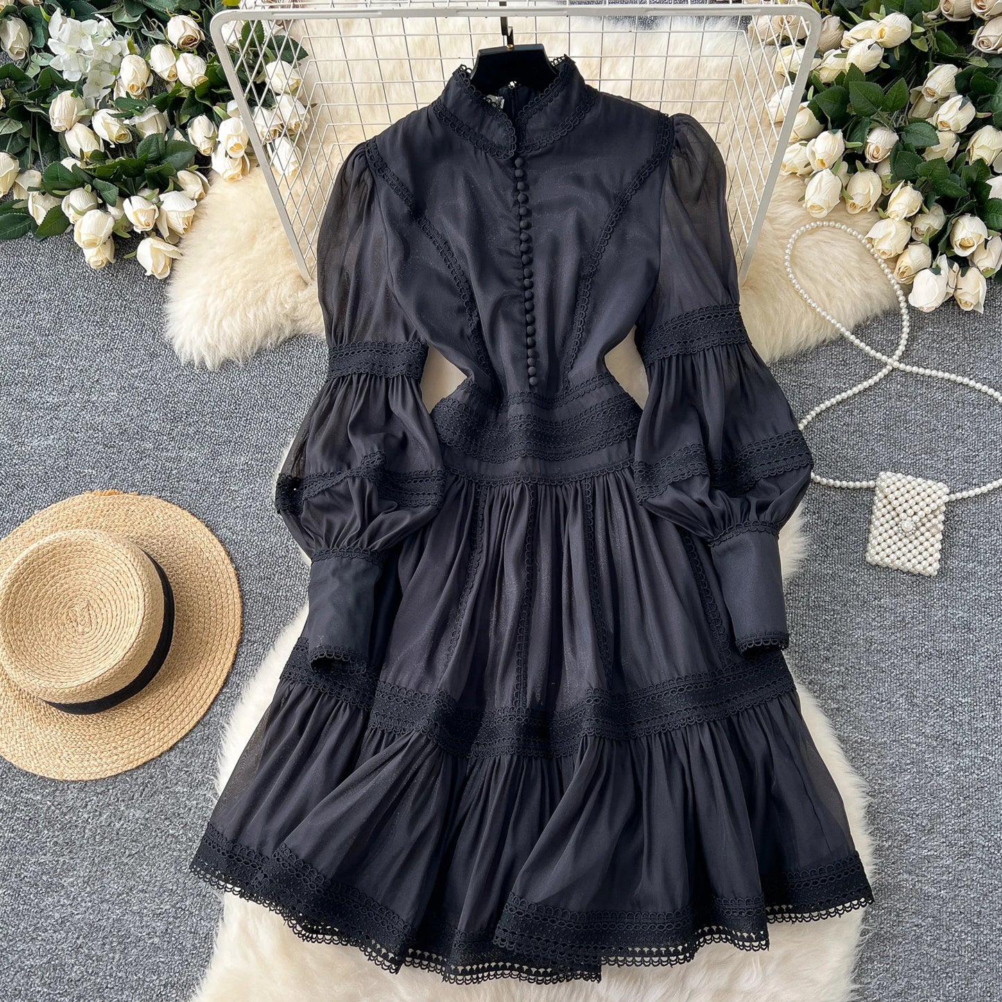 Luxury Vintage Women's Lace patchwork dress 2025 Spring Beach Long puff sleeve mini dresses White Black Lady vestidos 4D145