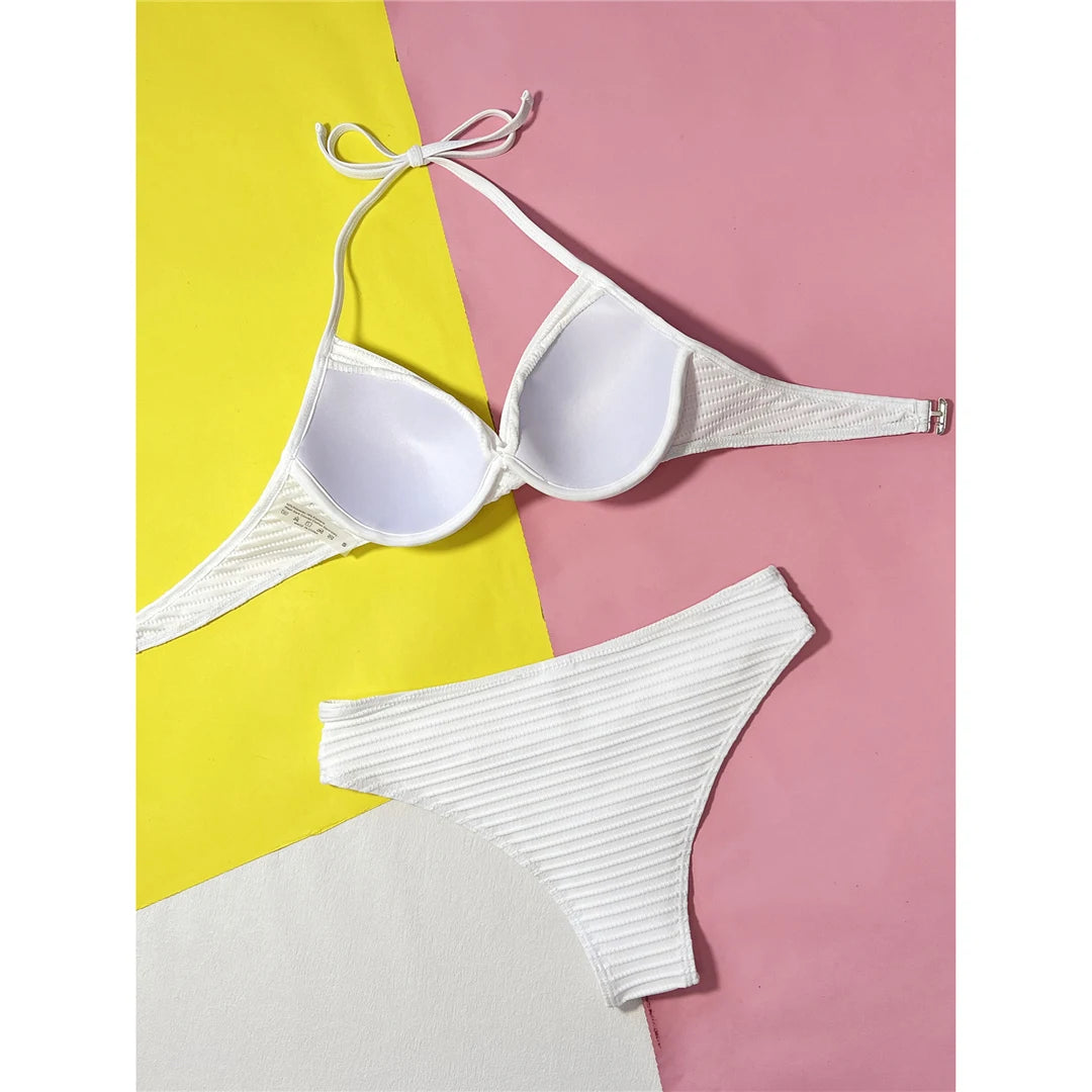 Wrinkled Halter Underwired Bikini Women Swimwear Female Swimsuit Two-Pieces Bikini Set Mid Waist Bather Bathing Suit Swim V5440