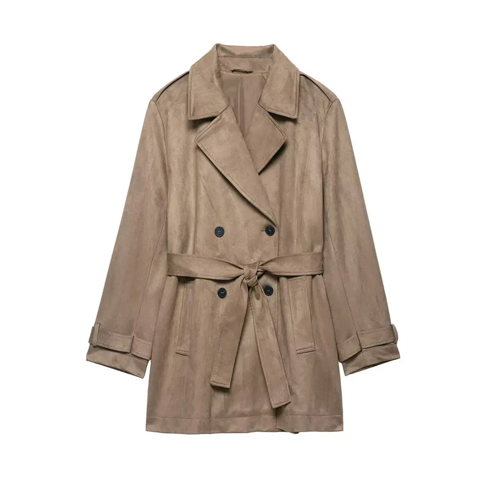 Women Fashion With Belt Faux Suede Trench Coat Long Sleeve Double-breasted Female Outerwear Chic Tops