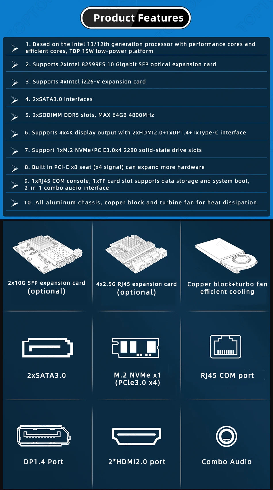 Firewall Appliance 2.5Gbe Intel I7 1260P 1235U I3 1215U 8505 2*10G 8x2.5G LAN Fanless PC Support PFSENSE Router/OPNsense/AES NI