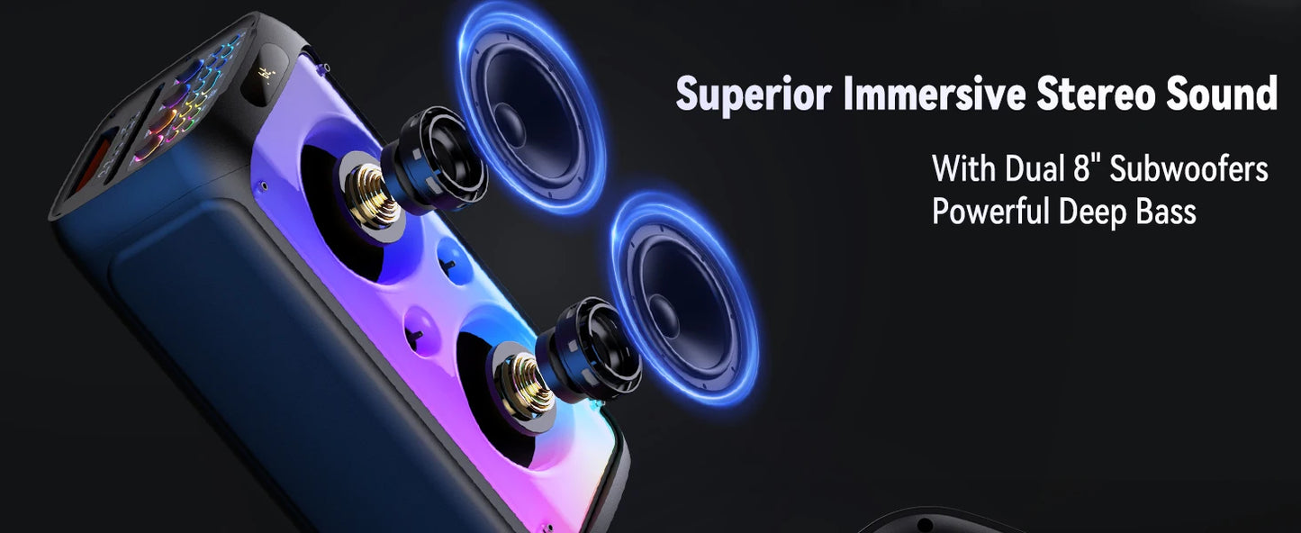 Karaoke Machine for Adults, Big Party Speaker with 500W Peak Power, Wireless PA System with Dual 8" Subwoofers, Disco Lights