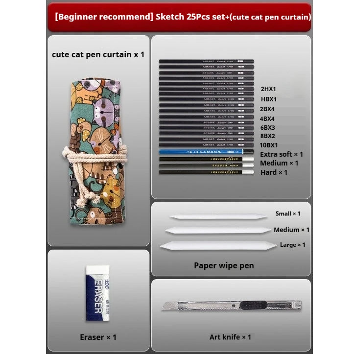 Sketching Pen Set Drawing Kit Student Portable Pen Curtain Charcoal Pencil Sketch Pencil Charcoal Stick Sharpener Eraser Set Box