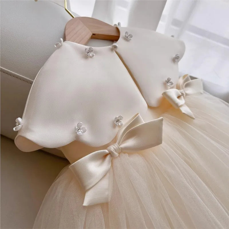Baby Girl Princess Bow Silk Tutu Dress Sleeveless Infant Toddler Child Elegant Solid Vestido Birthday Party Baby Clothes 1-5Y
