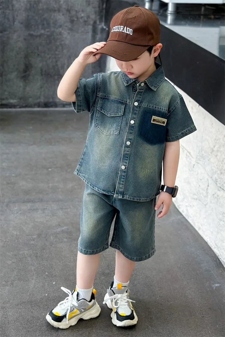 2025 Trendy Boys' Denim Set Vintage Wash Short Sleeve Shirt & Shorts 2-Piece Summer Outfit