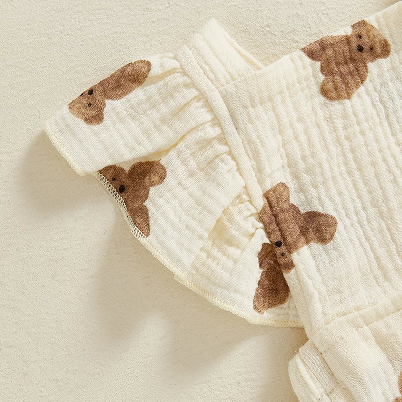 0-18M Newborn Baby Girl Bodysuits Cartoon Bear Pattern Ruffled Flying Sleeve Romper with Bow Headband Set Summer Infant Outfits