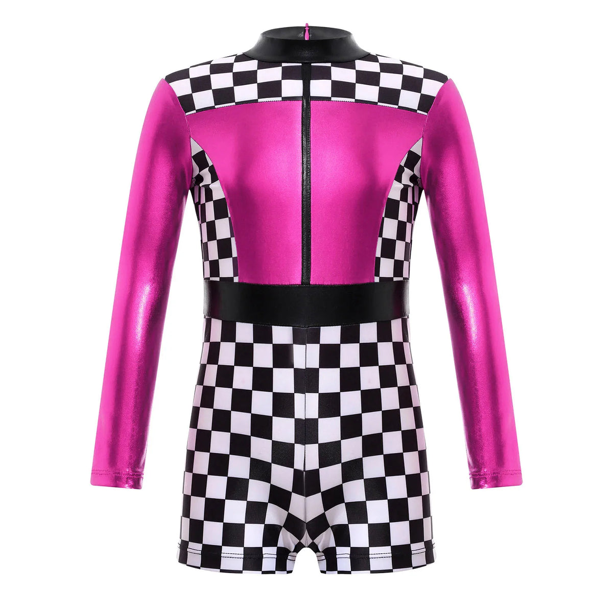 Kids Girls Checkerboard Racer Costume Halloween Car Driver Cosplay Leotard Dress with Tulle Skirt Themed Party Driving Roleplay
